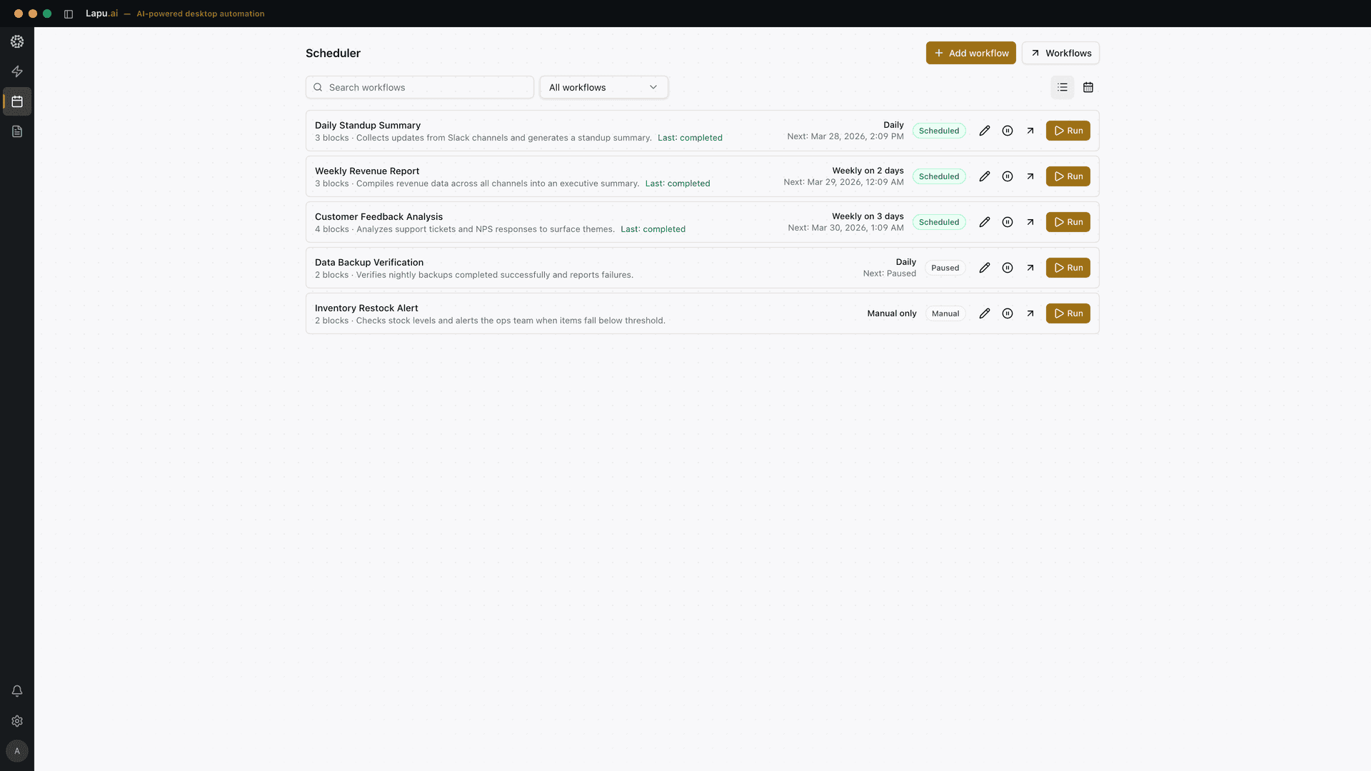 Screenshot of Reusable skills and scheduled automation in Lapu AI